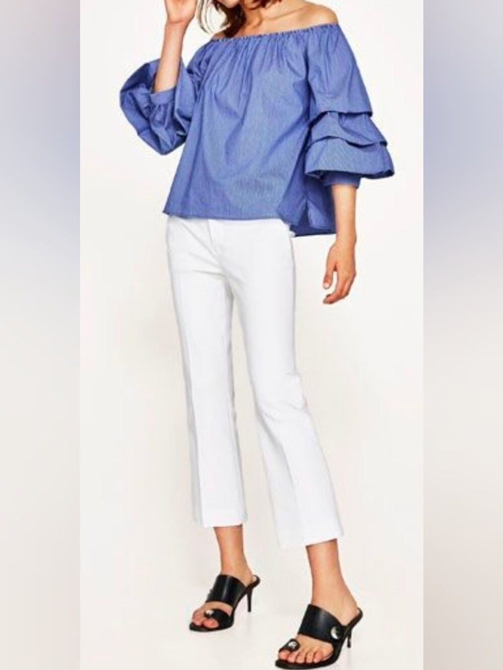 Zara Blue/White Microstripe Off-the-Shoulder Top, Size XS